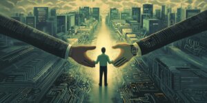 an engineer on a green path paved by PCBs with two arms reaching out to him from both sides. 